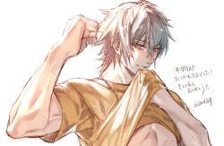  1boy akira_(togainu_no_chi) chain clenched_hand clothes_lift grey_hair highres jewelry lifting_own_clothes looking_at_viewer male_focus necklace nitro+_chiral orange_shirt shirt shirt_lift smile spiky_hair sweat sweatdrop togainu_no_chi veins yamada_uiro 