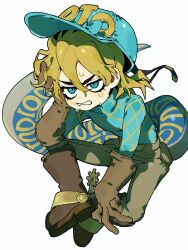  1boy blonde_hair blue_eyes boots clenched_teeth commentary diego_brando dinosaur_tail dokanplll full_body gloves hand_on_own_cheek hand_on_own_face hashtag-only_commentary helmet highres jitome jojo_no_kimyou_na_bouken long_hair looking_at_viewer male_focus pants scar scar_on_face sitting solo spurs steel_ball_run sweat tail teeth 