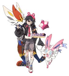  animal_ears animal_hands bandaid bandaid_on_face black_coat black_hair blue_eyes blue_fur blush bow cinderace closed_mouth coat floating full_body furry grey_shorts hair_ornament hairclip hat highres looking_at_another minior minior_(core) minior_(red_core) multicolored_fur necktie one_eye_closed open_mouth pink_fur pink_hat pink_necktie pokemon pokemon_(creature) rabbit_ears red_fur ribbon shirt shoes short_hair shorts simple_background socks standing sylveon two-tone_fur white_background white_fur white_shirt white_shoes white_socks wulie_errr yellow_eyes yellow_fur 