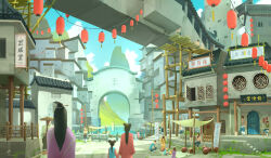  china city double_bun gate hair_bun hair_ornament hair_stick highres lantern ldt long_hair original paper_lantern scaffolding stairs wuxia 