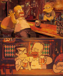  4boys absurdres apron bar_(place) bar_stool barney_gumble beer_bottle beer_mug blush bow bowtie butt_crack cash_register collared_shirt crossed_arms cup frank_grimes glasses hakuro1831847 highres holding holding_cup homer_simpson moe_szyslak mug multiple_boys necktie phone shirt sleeping smile stool the_simpsons zzz 