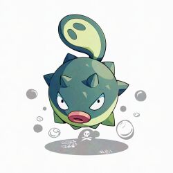  bubble looking_at_viewer mistray-art no_humans numbered pokemon pokemon_(creature) qwilfish signature simple_background skull_and_crossbones solo white_background 