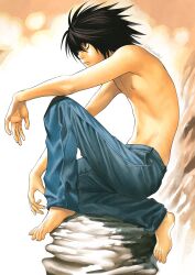  1boy absurdres arm_on_knee bags_under_eyes barefoot black_hair commentary death_note denim english_commentary feet from_side full_body highres jeans knee_up l_(death_note) male_focus navel nifast_(greentail) nipples pants pocket sitting skinny solo toenails toes twitter_username 