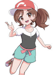  1girl absurdres aqua_shorts baseball_cap black_shirt blush brown_eyes brown_hair collarbone elaine_(pokemon) green_shorts hat highres long_hair looking_at_viewer open_mouth pokemon pokemon_lgpe ponytail red_hat rono_(lethys) shirt shoes short_sleeves shorts simple_background smile teeth upper_teeth_only white_background 