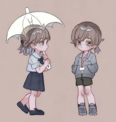  2girls absurdres black_ribbon black_shoes black_skirt brown_eyes brown_hair chibi chibi_only commentary_request earrings expressionless full_body gradient_hair green_shorts grey_hair grey_jacket grey_shoes hair_rings hands_in_pockets hatoba_tsugu highres holding holding_umbrella jacket jewelry kijio_tsugu long_sleeves looking_at_another looking_at_viewer low_ponytail mari_(rajexist) mole mole_under_eye multicolored_hair multiple_girls neck_ribbon pink_background pleated_skirt ponytail ribbon school_uniform shirt shoes short_ponytail shorts simple_background single_hair_ring skirt standing stud_earrings transparent transparent_umbrella tsugu_(vtuber) two-handed umbrella walking white_shirt 