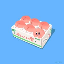  bad_id bad_source bad_tumblr_id blue_background blue_eyes blush_stickers box closed_mouth commentary_request food food_focus fruit happy kirby kirby_(series) looking_ahead no_humans peach signature simple_background smile solo 