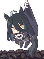  1girl ahoge animal_ears black_hair black_jacket black_pantyhose black_skirt coffee_beans cup highres holding holding_cup horse_ears horse_girl horse_tail jacket kawamochi_(kawauti919) long_hair long_sleeves manhattan_cafe_(creeping_black)_(umamusume) manhattan_cafe_(umamusume) mini_person minigirl mug multicolored_hair no_shoes open_clothes open_jacket pantyhose parted_lips pleated_skirt simple_background skirt solo tail two-tone_hair umamusume very_long_hair white_background white_hair yellow_eyes 