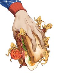  1boy bacon bread food fried_egg guido_mista highres jojo_no_kimyou_na_bouken lettuce meat sandwich sex_pistols_(stand) simple_background sos911p stand_(jojo) tomato tomato_slice vento_aureo white_background 