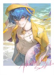  1boy abs anchor_necklace artist_name blue_hair blush border brant_(wuthering_waves) chest_tattoo chinese_commentary commentary_request conch cowboy_shot earrings from_above grey_male_swimwear grin groin hand_up hat highres holding holding_swim_ring innertube jewelry looking_at_viewer male_focus male_swimwear necklace nose_blush ocean one_eye_closed open_clothes open_shirt pectoral_cleavage pectorals pendant polaroid_photo sandymiu shirt shore smile solo standing starfish stud_earrings sweatdrop swim_ring swim_trunks tacet_mark_(wuthering_waves) tattoo toned toned_male two-sided_fabric two-sided_shirt violet_eyes white_border wuthering_waves yellow_hat yellow_shirt 