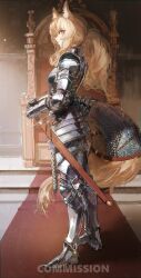  1girl alternate_costume animal_ear_fluff animal_ears arknights armor blemishine_(arknights) blonde_hair commentary commission couter cuirass cuisses faulds from_side full_body gandy_(gan3e46) gauntlets gorget greaves hair_over_shoulder highres horse_ears horse_girl horse_tail leg_armor long_sidelocks looking_at_viewer parted_lips pauldrons poleyn ponytail rerebrace sabaton scabbard sheath shoulder_armor sidelocks solo standing sword tail tail_armor weapon yellow_eyes 