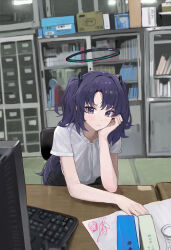  1girl absurdres bare_arms blue_archive blush computer_keyboard doodle_sensei_(blue_archive) drawing_(object) halo highres indoors jianjia long_hair looking_at_viewer pov_across_table purple_hair red_pupils sensei_(blue_archive) shirt short_sleeves signature solo two_side_up very_long_hair violet_eyes white_shirt yuuka_(blue_archive) 