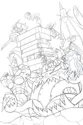  antennae arms_up bis814 blacephalon buzzwole celesteela claws clenched_hands closed_mouth commentary_request covered_eyes eyelashes greyscale guzzlord highres holding_detached_head horns kartana lineart long_neck monochrome muscular naganadel nihilego open_mouth pheromosa pokemon pokemon_(creature) pokemon_focus proboscis simple_background sitting spikes stakataka stinger tentacles white_background wings xurkitree 