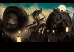  1other absurdres creature demon_parade floating_hair glowing glowing_eyes highres holding holding_staff lantern ldt monster original paper_lantern staff traditional_youkai wheel 