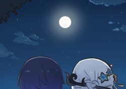  2girls blue_hair clouds from_behind full_body genshin_impact grey_hair hair_ornament hashtag-only_commentary highres multiple_girls night night_sky outdoors shenhe_(genshin_impact) sky xinzoruo yelan_(genshin_impact) 