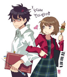  1boy 1girl antenna_hair archived_source artist_name bag bf._(sogogiching) black_bag black_eyes black_hair book bookmark brown_eyes brown_hair brown_pants chiaki_shin'ichi closed_mouth collared_shirt commentary_request conductor_baton cowboy_shot dress dress_shirt food food_on_face frown green_dress hair_between_eyes holding holding_baton holding_book holding_skewer jacket korean_commentary korean_text light_smile locked_arms long_dress long_sleeves looking_at_another mushroom noda_megumi nodame_cantabile open_clothes open_jacket open_mouth pants parted_lips partially_shaded_face plaid_clothes plaid_dress red_jacket red_sleeves shiitake shirt shish_kebab shoulder_bag signature simple_background skewer sleeves_rolled_up sparkling_eyes sweatdrop translation_request unbuttoned unbuttoned_jacket white_shirt white_sleeves wing_collar 