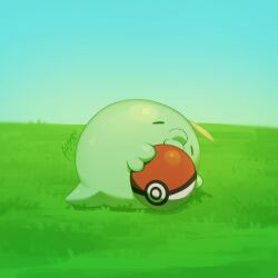  birbmonsta blue_sky closed_eyes commentary day english_commentary grass gulpin highres holding holding_poke_ball no_humans outdoors poke_ball poke_ball_(basic) pokemon pokemon_(creature) pokemon_focus pokemon_sleep sky sleeping solo 