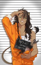  1boy animal_ears arm_up braid brown_hair commentary_request con_potata cowboy_shot dark-skinned_male dark_skin disintegration green_eyes grin hand_in_own_hair highres jumpsuit leona_kingscholar lion_boy lion_ears lion_tail long_hair looking_at_viewer male_focus mugshot orange_jumpsuit prison_clothes scar scar_across_eye scar_on_face smile solo tail tank_top twin_braids twisted_wonderland white_background white_tank_top 