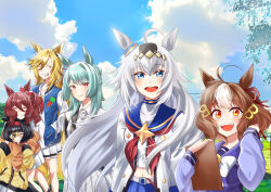  6+girls absurdres ahoge animal_ears belno_light_(umamusume) belt black_hair black_jacket blazer blonde_hair blue_eyes blue_jacket blue_sailor_collar blue_skirt blue_sky bob_cut bow bowtie braid brooch brown_cardigan brown_hair cardigan clipboard closed_eyes closed_mouth clouds cloudy_sky commentary crown_braid day domino_mask dress_shirt drill_hair drill_sidelocks ear_bow ear_ornament ear_ribbon facing_viewer folded_ponytail fujimasa_march_(umamusume) gakeumi green_eyes grey_belt grey_hair grin hair_ornament hairband hand_in_own_hair hand_in_pocket highres holding holding_clipboard horse_ears horse_girl horseshoe_ornament hug hug_from_behind jacket jewelry kasamatsu_tracen_school_uniform leaning_forward letter_hair_ornament letterman_jacket long_hair long_sleeves looking_at_viewer mask medium_hair midriff mini_the_lady_(umamusume) miniskirt multicolored_hair multiple_girls navel neckerchief norn_ace_(umamusume) off_shoulder oguri_cap_(umamusume) one_eye_closed open_mouth orange_eyes outdoors pleated_skirt purple_sailor_collar purple_shirt red_bow red_hair red_hairband red_neckerchief rudy_lemono_(umamusume) sailor_collar school_uniform sharp_teeth shirt short_hair side_drill sidelocks skirt sky smile standing star_brooch teeth tracen_school_uniform two-tone_hair umamusume umamusume:_cinderella_gray untucked_shirt white_bow white_bowtie white_hair white_shirt white_skirt wind wing_collar yellow_eyes yellow_jacket 