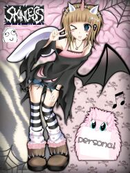  1girl 2000s_(style) angel_wings animal_ears asymmetrical_wings black_lace_trim black_shirt blue_eyes blush bone_hair_ornament brain brown_hair coffin_hair_ornament demon_wings denim denim_shorts english_text fluffle_puff hair_ornament highres horns liepssa mismatched_wings original pink_tank_top shirt shorts silk single_horn skull_background spider_web spiked_boots spiked_headband star_on_cheek striped_clothes striped_thighhighs tank_top thigh-highs unicorn_horn v wings 