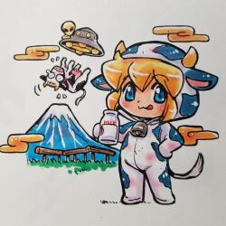  1girl :q abduction alien animal animal_costume animal_ears animal_print bell blonde_hair blue_eyes bottle chibi chibi_only clouds commentary cow cow_costume cow_ears cow_horns cow_print cow_tail cowbell crime_crackers fake_animal_ears fake_horns fake_tail fence flying_saucer flying_sweatdrops hand_on_own_hip highres holding holding_bottle hood hood_up horns kokomahi leaza_(crime_crackers) looking_at_viewer milk_bottle mount_fuji orange_clouds spacecraft tail tears tongue tongue_out traditional_media ufo wide-eyed wooden_fence 