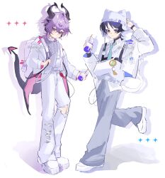  2boys absurdres alternate_costume animal_ear_headwear aqua_gemstone aqua_necktie backpack bag baggy_pants beanie black_hair black_shirt black_tail blue_sleeves blunt_ends blush bright_pupils cable_knit cat_boy cat_tail chain chest_harness closed_mouth collared_shirt contemporary cropped_jacket crossed_bangs cup disposable_cup dragon_boy dragon_horns dragon_tail dragon_wings drinking_straw drop_shadow earflap_beanie eyeliner eyeshadow facial_mark feathers foot_up forehead_mark formal_clothes full_body gem genshin_impact grey_pants hair_between_eyes hands_up harness hat heart heart_facial_mark highres holding holding_cup horns id_card jacket japanese_clothes kimono lapels long_sleeves looking_at_viewer makeup male_focus mini_durin_(genshin_impact) mini_durin_(human)_(genshin_impact) multicolored_hair multiple_boys necktie nuuko_09 open_clothes open_jacket overalls pants pink_wings pom_pom_(clothes) purple_hair purple_horns purple_kimono red_eyeliner red_eyes red_eyeshadow scaramouche_(genshin_impact) shirt shoes sketch smile streaked_hair sweater tail torn_clothes torn_pants turtleneck turtleneck_shirt twitter_username two-sided_sleeves undershirt violet_eyes vision_(genshin_impact) wanderer_(genshin_impact) white_background white_bag white_hat white_jacket white_overalls white_pants white_pupils white_shirt white_shoes white_sleeves white_sweater wings wristband yellow_feathers 