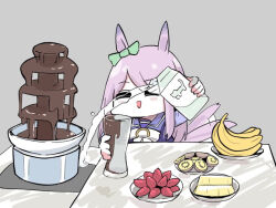  1girl :d ^_^ afterimage animal_ears banana blush_stickers bow chibi chocolate_fountain closed_eyes ear_bow facing_viewer food fruit green_bow grey_background holding_carton horse_ears horse_girl horse_tail kawamochi_(tddm3573) kiwi_(fruit) long_hair long_sleeves mejiro_mcqueen_(umamusume) pouring puffy_long_sleeves puffy_sleeves purple_hair purple_shirt school_uniform shirt simple_background smile solo strawberry swept_bangs tail tail_wagging tracen_school_uniform umamusume upper_body very_long_hair white_bow 