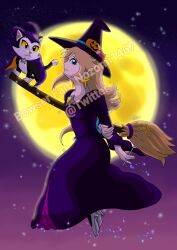  blonde_hair broom broom_riding cat dress earrings full_moon hat highres jewelry long_hair mario_kart mario_kart_tour moon night purple_dress rosalina rosalina_(halloween) star_(sky) star_(symbol) super_mario_bros. super_mario_galaxy witch witch_hat 