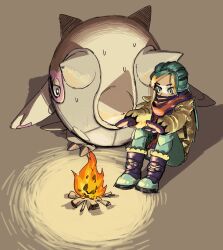  1boy arms_up black_eyes blue_eyes blue_hair blue_pants boots bright_pupils campfire cetitan claws commentary_request covered_mouth dray_(meerkat_dray) fire full_body fur-trimmed_boots fur_trim gloves grey_background grusha_(pokemon) half-closed_eyes jacket knees_up korean_commentary long_hair long_sleeves male_focus mittens multicolored_boots outstretched_arms pants pokemon pokemon_(creature) purple_gloves purple_scarf scarf sidelocks sitting spikes sweat trap white_jacket white_pupils winter_clothes 