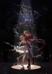  1boy 1girl bare_shoulders black_boots black_gloves blonde_hair blue_eyes boots brown_hair brown_shirt chinese_commentary closed_mouth commentary_request dancing detached_sleeves dress earrings eye_contact flower from_side genshin_impact gloves grey_jacket grey_pants hair_between_eyes hair_flower hair_ornament hand_on_another&#039;s_back hetero highres holding_hands homura2414 hydrokinesis indoors jacket jewelry leg_up light_particles long_sleeves looking_at_another lumine_(genshin_impact) mask mask_on_head night pants parted_lips popped_collar railing red_scarf sample_watermark scarf shirt short_hair short_hair_with_long_locks skylight sleeveless sleeveless_dress smile spotlight standing standing_on_one_leg tartaglia_(genshin_impact) thigh_boots thigh_strap three-quarter_sleeves water watermark white_boots white_dress white_flower white_scarf yellow_eyes 