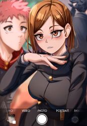  black_hair blush breasts brown_eyes brown_hair dilan_griz fushiguro_megumi highres itadori_yuuji jujutsu_kaisen kugisaki_nobara non-web_source pink_hair posing short_hair 