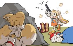  1girl absurdres animal_ears animal_nose blush body_fur brown_eyes child closed_eyes cream_the_rabbit crying dress fox_boy fox_ears fox_tail furry furry_female furry_male gloves gun handgun hiding highres holding holding_gun holding_weapon implied_murder interlocked_fingers lying multiple_tails on_side open_mouth orange_dress orange_shoes own_hands_clasped own_hands_together rabbit_ears rabbit_girl rabbit_tail red_shoes scared shadow_the_hedgehog shoes simple_background sitting smile sonic_(series) sonic_the_hedgehog standing sweat tail tails_(sonic) tears trembling two_tails unneul weapon white_background white_gloves 