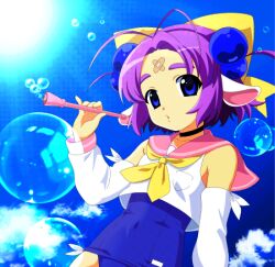  1girl 2000s_(style) absurdres animal_ears bandaid bandaid_on_face bandaid_on_forehead bk_(barakoodra) blue_eyes bow bubble choker crop_top dolly_(dollymemeko) faux_retro_artstyle hair_bobbles hair_ornament highres indie_virtual_youtuber one-piece_swimsuit purple_hair sailor_collar short_twintails solo swimsuit thick_eyebrows twintails 