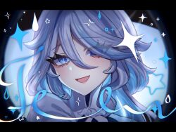  1girl aoi_sakanazz blue_eyes blue_hair cardiogram eyelash_ornament focalors_(genshin_impact) genshin_impact hair_over_one_eye heterochromia highres mismatched_pupils monitoring_(vocaloid) multicolored_hair open_mouth signature smile solo star_(symbol) streaked_hair upper_body water_drop 