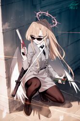  1girl alternate_costume angel_wings black_pantyhose blew_andwhite blue_archive commentary_request dated feathered_wings full_body gun gun_sling h&amp;k_mp5 h&amp;k_mp5sd halo handgun highres holding holding_detonator holding_gun holding_weapon long_hair looking_to_the_side low_wings nagisa_(blue_archive) necktie on_one_knee pantyhose ponytail projectile_trail shirt signature solo submachine_gun suit sunglasses suppressor walther walther_ppk weapon white_shirt white_wings wings 