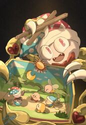  ball beachball black_background blue_hat bow bowtie bronto_burt claws fangs happy hat heart holding jester_cap kirby kirby_(series) kirby_super_star looking_at_viewer marx_(kirby) no_humans open_mouth pink_eyes polka_dot_headwear poppy_bros_jr puppet_strings red_bow red_bowtie red_hat simon_(kabo_chips) simple_background slit_pupils smile split-color_clothes traditional_bowtie triangle_print two-tone_hat waddle_dee yellow_wings 