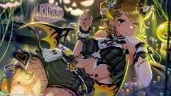  1girl artist_request bare_shoulders black_eyes brown_hair candy demon_horns demon_tail demon_wings earrings elbow_gloves fake_horns fishnet_pantyhose fishnets food gloves halloween halloween_costume highres horns idolmaster idolmaster_shiny_colors idolmaster_shiny_colors_song_for_prism izumi_mei jack-o'-lantern jewelry long_hair looking_at_viewer lying navel official_alternate_costume official_art on_back one_eye_closed pantyhose polka_dot_gloves pumpkin purple_nails see-through_clothes see-through_gloves shorts single_glove skirt solo swept_bangs tail trick_or_treat white_gloves wings wrist_cuffs 