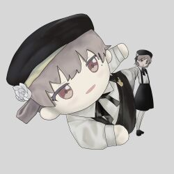  1girl absurdres beret black_hat black_ribbon black_shoes blush brown_hair collared_shirt commentary_request flower foreshortening grey_background grey_pantyhose grey_shirt hand_puppet hat hat_flower hat_ribbon hatoba_tsugu highres looking_at_viewer medium_hair merchandise mimizu_ningen neck_ribbon open_mouth outstretched_arm pantyhose photo-referenced puppet ribbon shirt shirt_tucked_in shoes skirt smile solo standing suspender_skirt suspenders tsugu_(vtuber) virtual_youtuber white_flower 