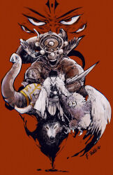  1other 2boys artist_name banshou_(jujutsu_kaisen) black_hair commentary datto_(jujutsu_kaisen) eight-handed_wheel elephant english_commentary f_rabbit four_eyes fushiguro_megumi gyokuken head_tail highres jujutsu_kaisen mahoraga_(jujutsu_kaisen) multiple_boys nue_(jujutsu_kaisen) orochi_(jujutsu_kaisen) rabbit ryoumen_sukuna_(jujutsu_kaisen) shikigami short_hair snake sword_of_extermination tusks wheel_of_dharma wings_as_eyes wolf wrist_blades 