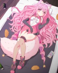  1girl absurdres ahoge animal_ear_fluff animal_ears ascot black_boots black_gloves black_panties blazer blush boots bow bowtie breasts can cat_ears cat_girl cat_tail cellphone center_frills collared_shirt drink_can elbow_gloves empanada energy_drink fishnet_over-kneehighs fishnet_thighhighs fishnets fluffy_tail frilled_thigh_strap frills full_body futon gloves hair_bow hair_ornament hairclip heart heart-shaped_pupils heart_ahoge high_heel_boots high_heels highres impossible_clothes impossible_shirt indie_virtual_youtuber jacket lace-up_boots large_breasts leg_ribbon long_hair looking_at_viewer lying monster_energy multicolored_boots on_floor over-kneehighs panties parallel_hairclips patrick_fche phone pink_boots pink_bow pink_bowtie pink_eyes pink_hair pink_jacket pink_ribbon pink_tail plaid_bow ribbon ribbon-trimmed_gloves ribbon_trim second-party_source shirt sleeveless sleeveless_jacket sleeveless_shirt smartphone smile solo suwie_(vtuber) symbol-shaped_pupils tail thick_thighs thigh-highs thigh_ribbon thigh_strap thighs underwear virtual_youtuber white_ascot white_shirt wide_hips wing_collar wooden_floor 