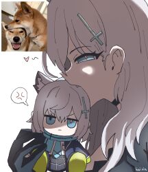  >:( 2girls anger_vein animal_ears biting_another's_head black_choker blue_archive blue_necktie blue_scarf character_doll choker doll furrowed_brow heart highres holding holding_stuffed_toy kai_xin multiple_girls necktie photo-referenced scarf shiroko_(blue_archive) shiroko_(young)_(blue_archive) shiroko_terror_(blue_archive) spoken_anger_vein stuffed_toy v-shaped_eyebrows white_background wolf_ears wolf_girl 