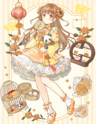  1girl :o autumn_leaves blunt_bangs blush bow brown_hair center_frills chinese_clothes cup dot_nose dress earrings flower flower_earrings frilled_dress frills full_body hair_flower hair_ornament hair_rings holding holding_stuffed_toy jewelry knees_together_feet_apart lantern leaf lolita_fashion long_hair long_sleeves mandarin_collar mid-autumn_festival orange_eyes orange_flower orange_shoes original paper_lantern petticoat puffy_long_sleeves puffy_sleeves shoes sleeve_bow socks solo stuffed_animal stuffed_panda stuffed_toy tassel tea teacup teapot tententuyu tiered_tray vertical-striped_background waist_bow wavy_hair white_socks yellow_bow yellow_dress 
