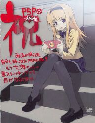  1girl ahoge artist_request black_hairband black_shoes blazer blonde_hair blush bow bowtie brown_jacket chaos;head collared_shirt dress_shirt gero-froggy hairband handheld_game_console highres holding holding_handheld_game_console jacket lapels loafers long_hair looking_at_viewer miniskirt nishijou_nanami notched_lapels open_mouth pantyhose plaid_bow plaid_bowtie plaid_clothes plaid_skirt pleated_skirt purple_bow purple_bowtie purple_skirt school_uniform science_adventure shirt shoes signature sitting sitting_on_stairs skirt smile solo stairs suimei_academy_school_uniform tongue white_shirt 
