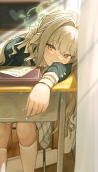  1girl absurdres blue_archive desk green_nails highres kamory kneehighs long_hair looking_at_viewer miyo_(blue_archive) nail_polish on_desk skirt smile socks windowsill 