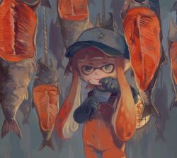  1girl baseball_cap blue_eyes blue_hat blunt_bangs bonjiri_nosuke clenched_hands closed_mouth commentary cowboy_shot dead_animal english_commentary fish flat_chest food food_on_face golden_egg_(splatoon) hands_up happy hat holding_net inkling inkling_girl inkling_player_character jumpsuit long_hair looking_at_viewer mixed-language_commentary net orange_hair orange_jumpsuit over_shoulder pointy_ears rope salmon salmon_run_(splatoon) shirt sidelocks smile solo splatoon_(series) splatoon_2 standing suction_cups white_shirt wiping_mouth 
