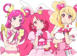  3girls animal_ears blonde_hair bow butterfly_hair_ornament cake_hair_ornament choker cure_dream cure_peach cure_whip dress earrings food-themed_hair_ornament fresh_precure! frilled_sleeves frills gloves hair_ornament hair_rings heart heart_hair_ornament highres index_finger_raised jewelry kirakira_precure_a_la_mode long_hair magical_girl medium_hair midriff momozono_love multiple_girls navel otoroshi_68 pink_bow pink_choker pink_eyes pink_hair pink_wrist_cuffs pom_pom_(clothes) pom_pom_earrings precure puffy_short_sleeves puffy_sleeves rabbit_ears short_sleeves skirt thinking twintails usami_ichika very_long_hair white_gloves wrist_cuffs yes!_precure_5 yumehara_nozomi 