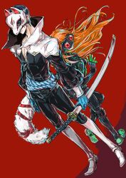  1boy 1girl antenna_hair arm_at_side back-to-back belt black_bodysuit black_hair black_jacket black_pants blue_belt bodysuit boots closed_mouth commentary dutch_angle fake_tail fox_(persona_5) fox_mask fox_tail full_body goggles green_shoes height_difference high_collar highres holding holding_sword holding_weapon jacket katana kitagawa_yuusuke knee_boots long_hair long_sleeves looking_at_viewer mask o-ring open_hand oracle_(persona_5) orange_hair pants persona persona_5 red-tinted_eyewear red_background sakura_futaba shoes short_hair simple_background striped_belt sword tail tinted_eyewear user_xufj8847 weapon white_boots white_mask zipper 