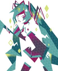 1girl :d abstract aqua_eyes aqua_hair aqua_necktie colored_eyelashes detached_sleeves diamond_(shape) floating_neckwear frutiger_metro geometric_pattern hair_ornament hand_up hatsune_miku long_hair looking_at_viewer machigami_yoh necktie open_mouth pointing shirt shoulder_tattoo sidelocks skirt sleeveless sleeveless_shirt smile solo tattoo thigh-highs twintails very_long_hair vocaloid white_background