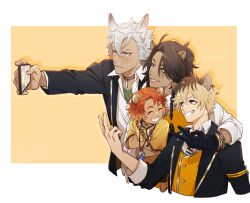  4boys animal_ears arm_around_shoulder blonde_hair brown_hair cellphone cheka_kingscholar child commentary_request con_potata holding holding_phone hyena_boy hyena_ears jack_howl leona_kingscholar lion_boy lion_ears male_focus multiple_boys night_raven_college_school_uniform orange_hair phone ruggie_bucchi school_uniform selfie simple_background smartphone twisted_wonderland uncle_and_nephew v vest white_hair wolf_boy wolf_ears yellow_background yellow_vest 