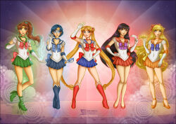  5girls aino_minako arm_up asymmetrical_bangs back_bow bare_legs bishoujo_senshi_sailor_moon black_hair blonde_hair blue_choker blue_eyes blue_hair blue_sailor_collar blue_skirt boots bow brown_hair brown_lips choker clenched_hand closed_mouth collarbone covered_navel daekazu double_bun earrings elbow_gloves full_body gloves green_choker green_eyes green_sailor_collar green_skirt hair_between_eyes hair_bow hair_bun hair_ornament hand_up high_ponytail hino_rei holding holding_ofuda jewelry kino_makoto lineup lips lipstick long_hair looking_at_viewer magical_girl makeup miniskirt mizuno_ami multiple_girls naughty_face neck necklace non-web_source ofuda orange_choker orange_sailor_collar orange_skirt parted_bangs pink_lips pleated_skirt ponytail red_boots red_bow red_choker red_lips red_sailor_collar red_skirt sailor_collar sailor_jupiter sailor_mars sailor_mercury sailor_moon sailor_senshi_uniform sailor_venus short_hair skirt smile standing straight_hair tiara tsukino_usagi twintails v very_long_hair violet_eyes white_gloves 