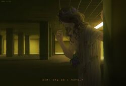  1boy 210_(reverse:1999) ancient_greek_clothes artist_name brown_hair ceiling covered_eyes dark dated english_text film_grain food-themed_hair_ornament from_side fujji_771 grape_hair_ornament greco-roman_clothes hair_ornament hair_over_eyes hands_up highres indoors male_focus medium_hair pectorals pillar profile reverse:1999 single_bare_arm single_bare_shoulder solo tile_ceiling tiles toga toned toned_male upper_body 